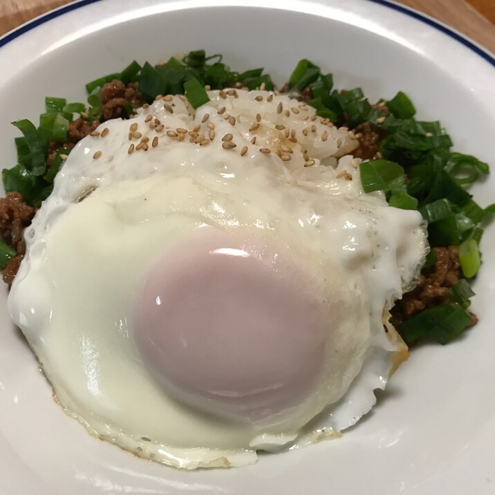 ネギと牛ひき肉炒めの目玉焼きのっけライス